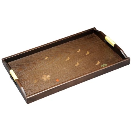 【長手盆】wooden /木製長手盆 濃茶系 花と蝶　50cm　（V13-6）【送料無料】 （木製トレイ、トレー、お盆、キッチン小物）