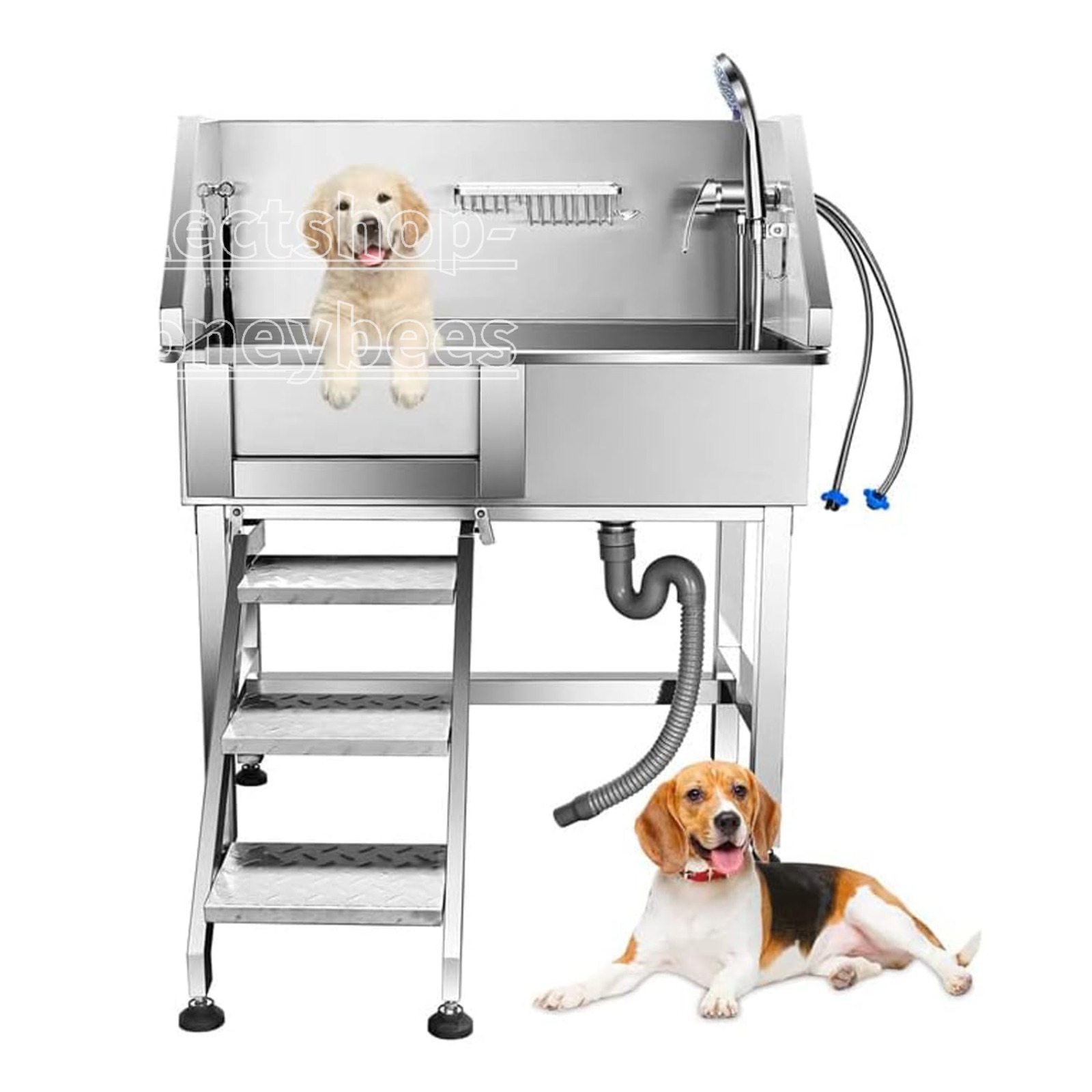 犬用二階建てバス溜め桶 小型犬用 ステンレス鋼鋼のペットスパ湯ぶね 犬のグルーミング湯ぶね 犬用浴する溜め桶 人道、水道の栓と長椅子付き添い人の犬の洗い濯ぎステイション付き添い人犬用浴するステイション 専門的 大型 中型 小型の愛玩動物用