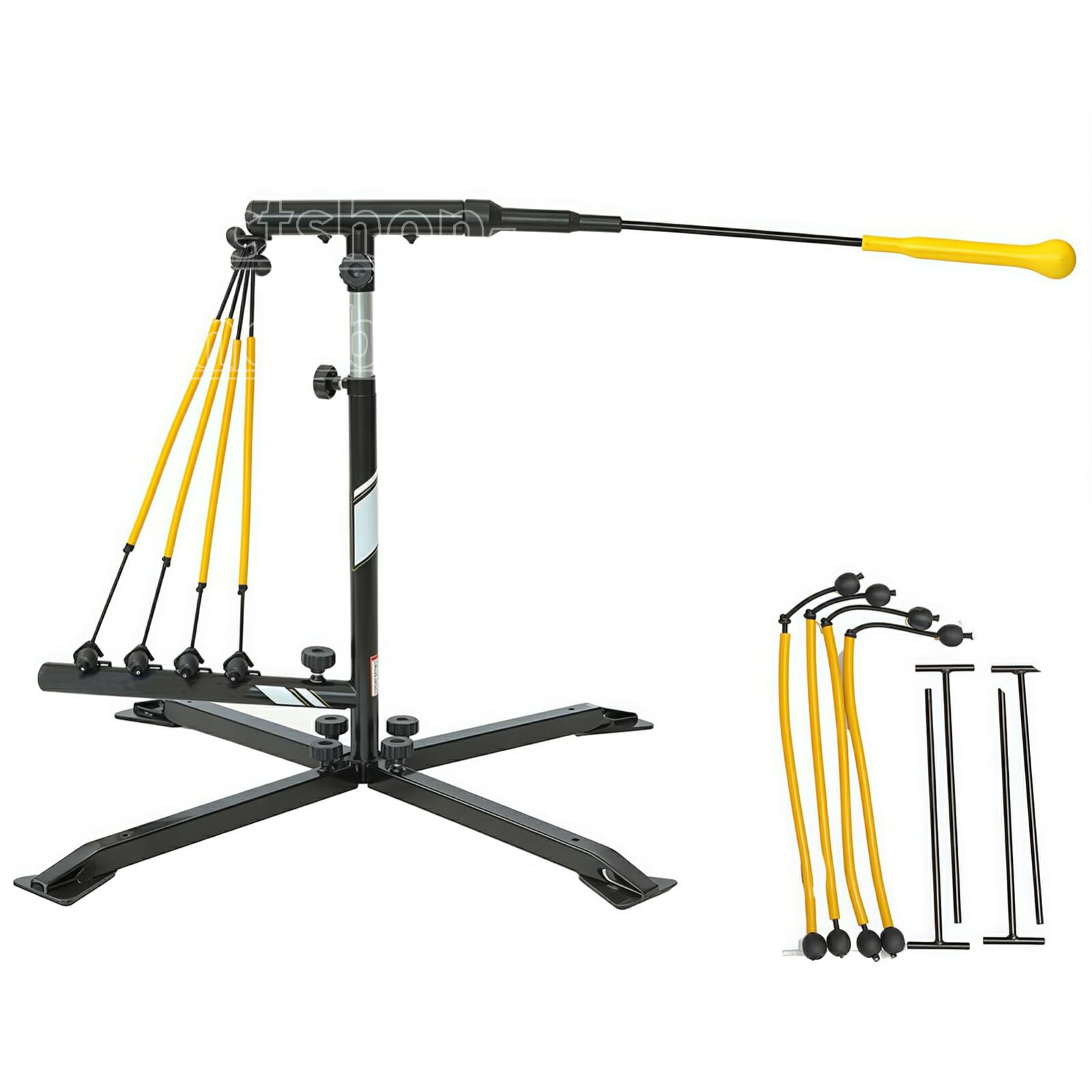 野球打撃トレーナー、ソフトボールと野球トレーニング器具、野球スイングトレーナー - 耐久性のあるスイングアーム - 4つのパワーバンドシステム、金属杭とキャリーバッグ、バッティング練習用