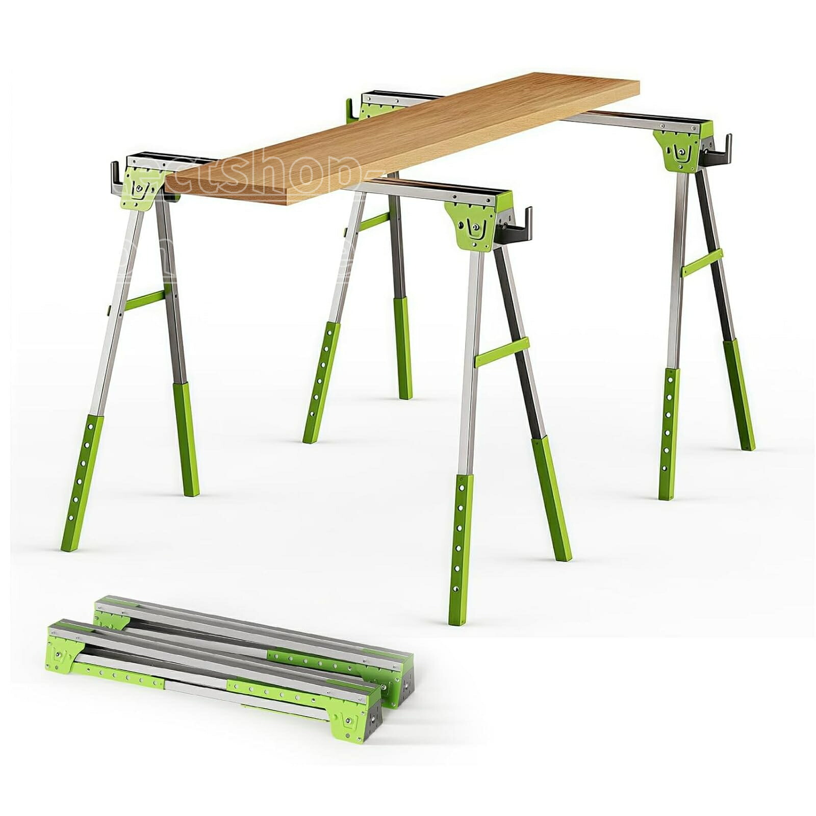 ソーホース 作業台 2x4 木工作業台 完成品 テーブル 2台1組 高さ調節6段階可能 ソーホースセット 折りたたみ 作業馬 DIY 木材 のこぎり台 日曜大工 裁断 切断 簡易作業台 木工、大工、請負業者向け グリーン