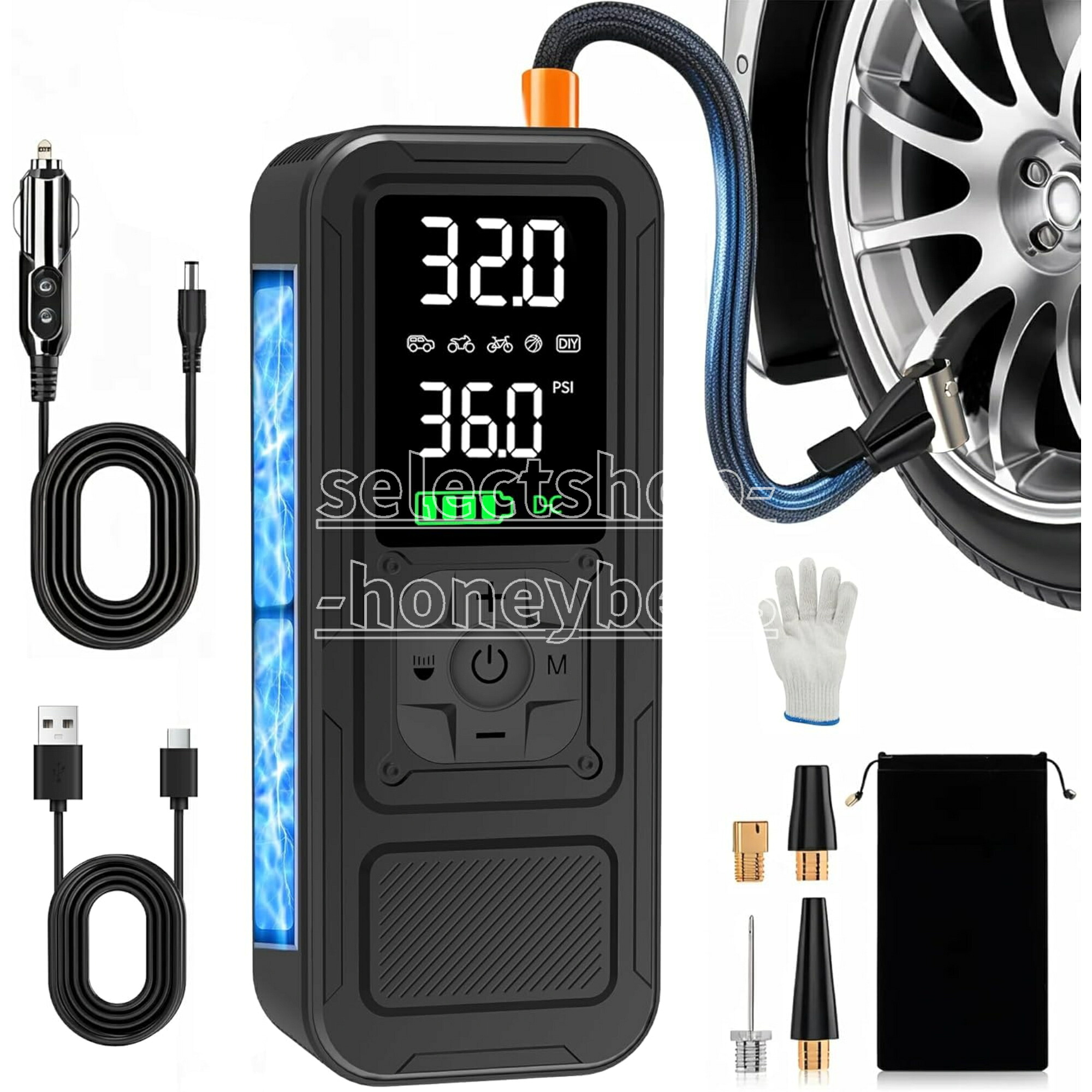 電動空気入れ 150PSI MAX 車 自転車 バイク ボール 浮き輪など 自動停止 コードレス コンプレッサー 大容量バッテリー DC12V両用 シガーソケット対応 エアーポンプ 米式/仏式バルブ対応 LEDライト 高精度空気圧センサー|SelectShop-Honeybees