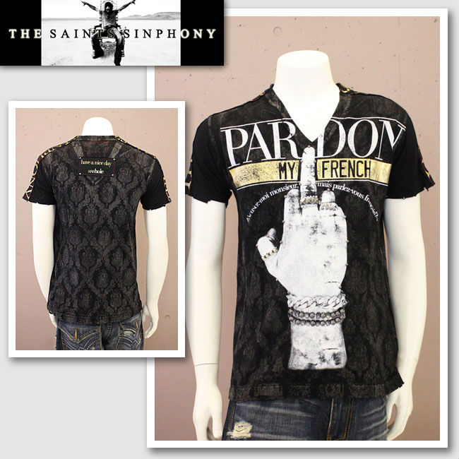 【THE SAINTS SINPHONY/セインツシンフォニー】THEBYRDS ・プルオーバー（半袖・V素っ首・黒いこと・BLK）/メンズ【輸入物】【セレカジ】【置き目品】