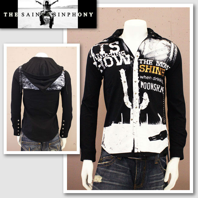 【THE SAINTS SINPHONY/セインツシンフォニー】 THE PEYOTERITUAL・フード付きボタンアップシャツ（長袖・ブラック・BLK）/メンズ 【インポート】【セレカジ】【正規品】