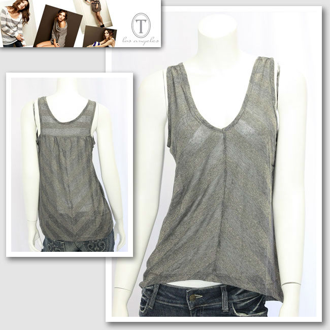 【T Los Angeles／T ロサンゼルス】 ラメボーダー柄タンクトップ（グレー・GRY）/レディース 【インポート】【セレカジ】【正規品】