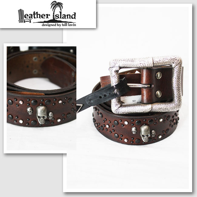 【Leather Island/レザーアイランド】スカルスタッズレザーベルト（赤銅色・BRW）【輸入物】【セレカジ】【置き目品】
