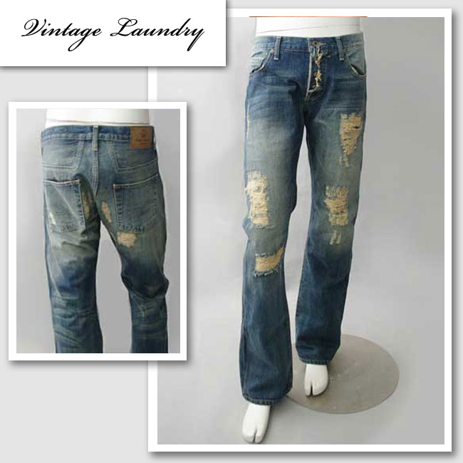 【VINTAGE LAUNDRY／ヴィンテージランドリー】 ダメージ加工インディゴデニム（インディゴ・DNM）/メンズ 【インポート】【セレカジ】【正規品】