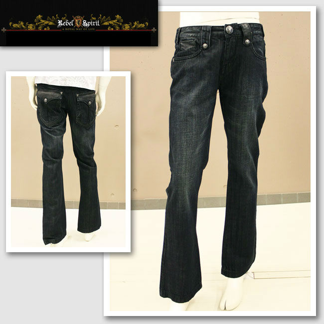 【Rebel Spirit/レベルスピリット】 レザーステッチデニムパンツ（ブラック・BLK）/メンズ 【インポート】【セレカジ】【正規品】