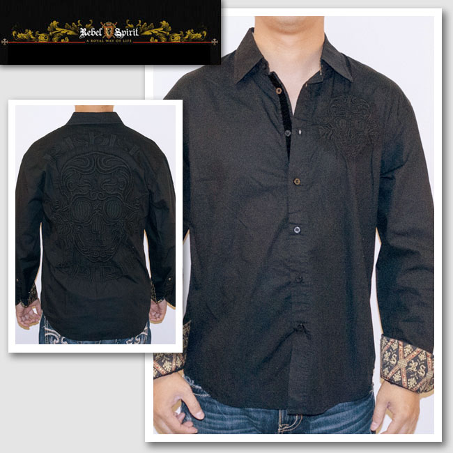 新作 【Rebel Spirit/レベルスピリット】 スカル刺繍ブラックシャツ（ブラック・BLK）/メンズ 【インポート】【セレカジ】【正規品】