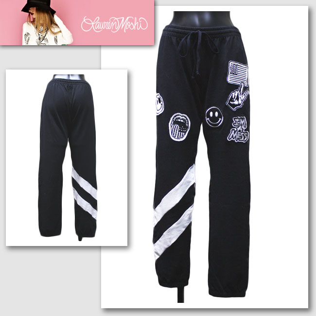 【Lauren Moshi／ローレン・モシ】FRANCES-SWEATPANT W/DIAGONAL STRIPE INSERT PATCHES ALL OVER（ブラック&times;ホワイト・BLK&times;WHT）/レディース【インポート】【セレカジ】【正規品】｜セレクトショップMOMO