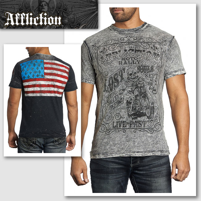 新作【AFFLICTION/アフリクション】AC TOMAHAWK スカルプリントリバーシブルプルオーバー（黒いこと／薄墨色・BLK/GRY）/メンズ【輸入物】【セレカジ】【置き目品】