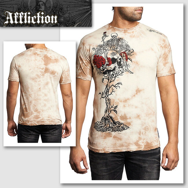 【楽天市場】新作【AFFLICTION/アフリクション】ROSES FOR THE DEAD ローズ＆スカルプリントTシャツ(ベージュ ...
