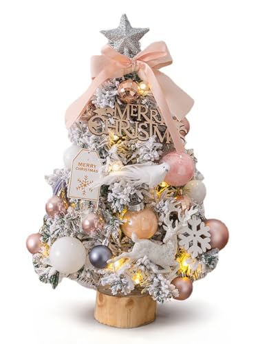 [高さ45cm] VeroMan ミニ クリスマスツリー 卓上ツリー スノーホワイト 白銀 デスクトップツリー クリスマス LEDライト オーナメント セット おしゃれ (ピンク)