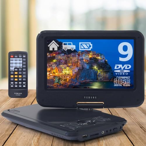 VERSOS ポータブルDVDプレーヤー 9インチ CPRM対応 USBメモリ SDカード対応 レジューム機能搭載 液晶180度回転 リモコン付属 車載ホルダー付き