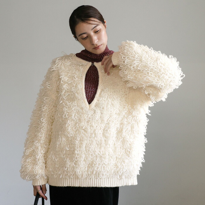 【クーポン利用で50％OFF】ループヤーンキーネック2WAYトップス / レディース 秋冬 キーネックニット 2WAYニット ボリュームニット ラウンドネック レイヤードニット ループヤーン セレクトモカ selectmoca
