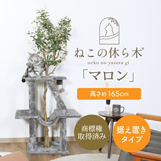 フェイクグリーン付き キャットタワー 据え置き型 コンパクト スリム おしゃれ おすすめ シンプル 爪とぎ ハンモック付き 木製 階段状|SEMI-STYLE