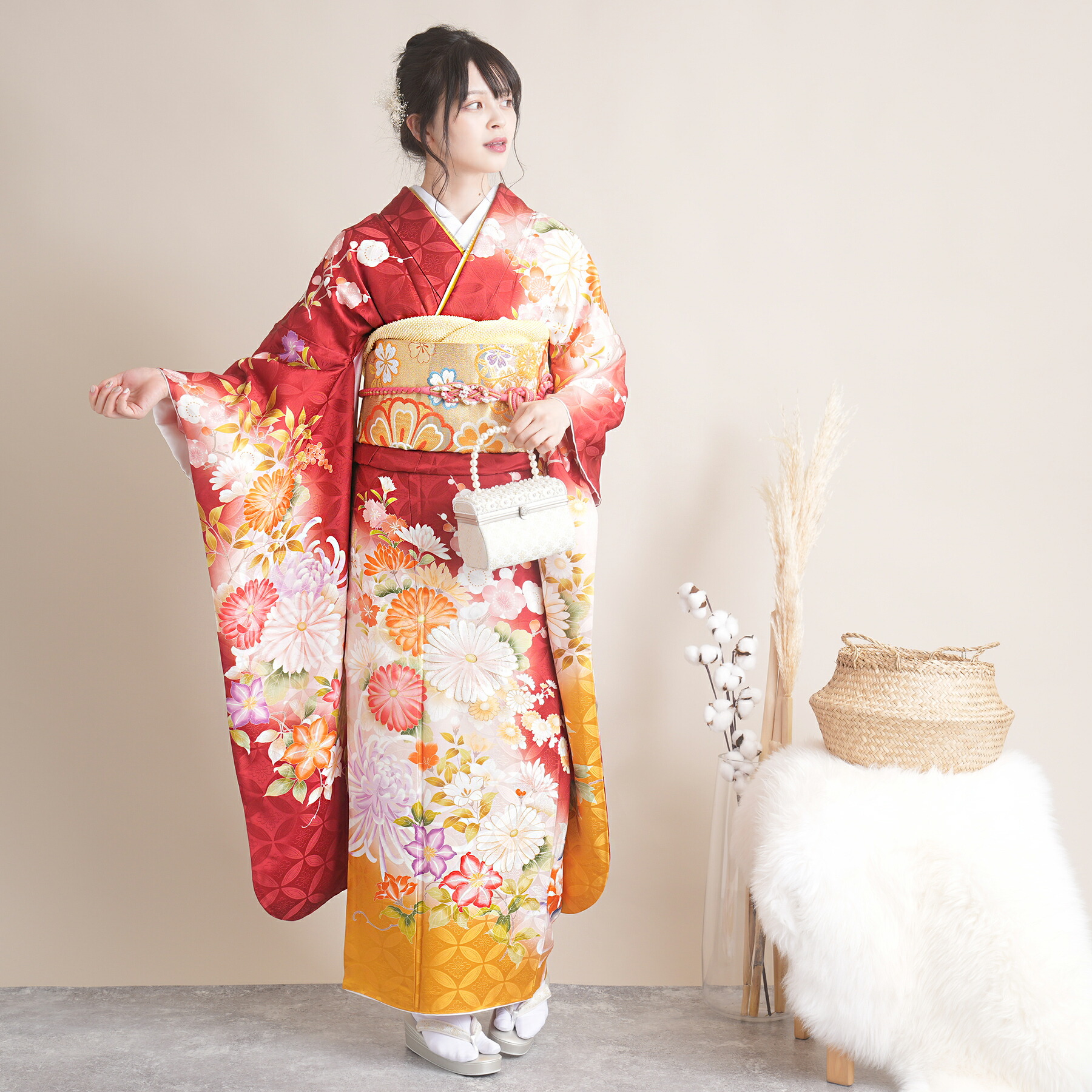 格安！！　振袖フルセット　7点　成人式　結婚式　前撮り　クリーム色　竹 格安！ 振袖フルセット 7点 成人式 結婚式 前撮り 黄緑 グリーン