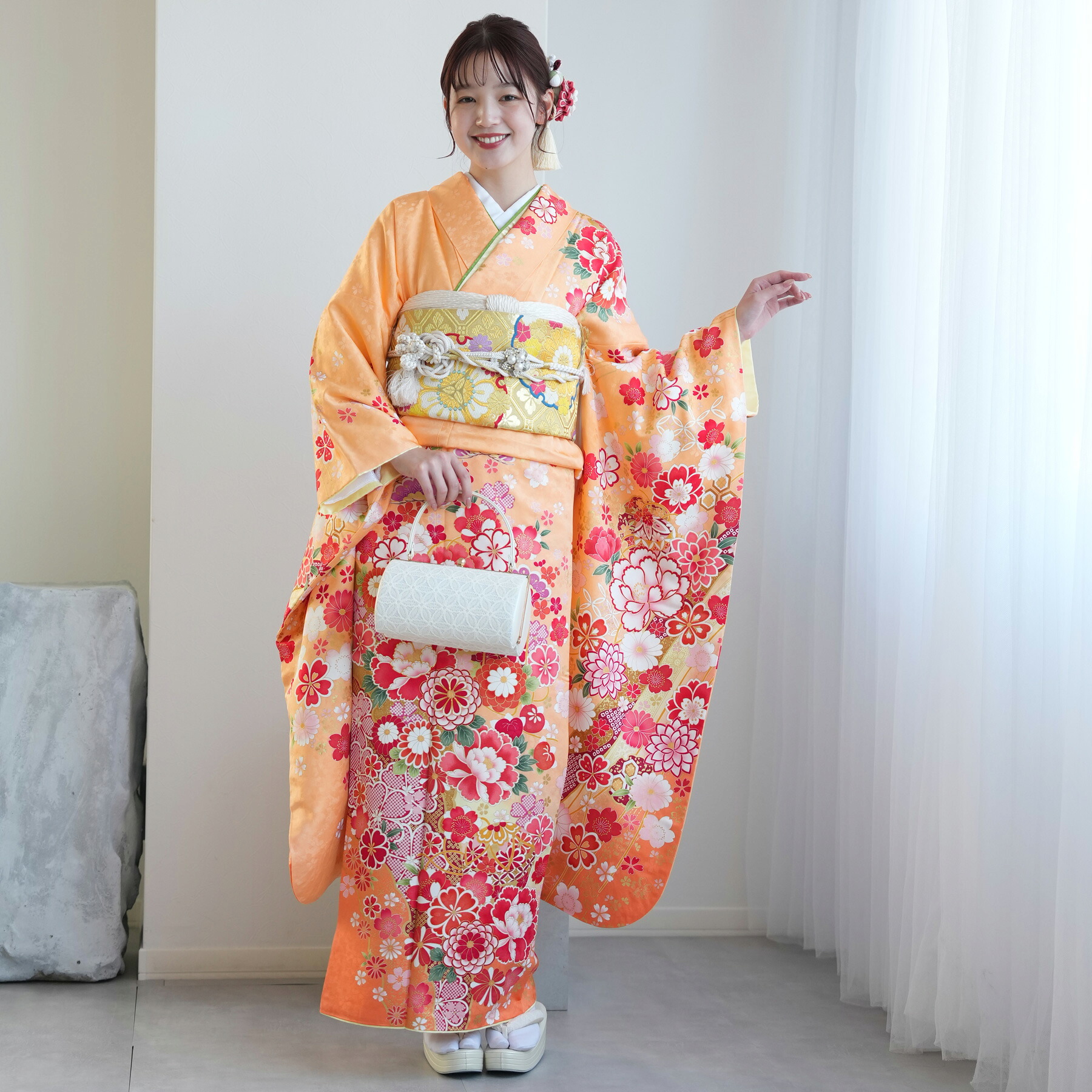 【レンタル】 往復送料無料 女性 振袖セット 着物 女 成人式 振袖セット 結婚式 振袖＆袋帯 フルセットレンタル レトロ 大正浪漫 【振袖20点セット 正絹 アンティーク 絵羽 オレンジ 黄色】足袋プレゼント｜ニコアンティーク