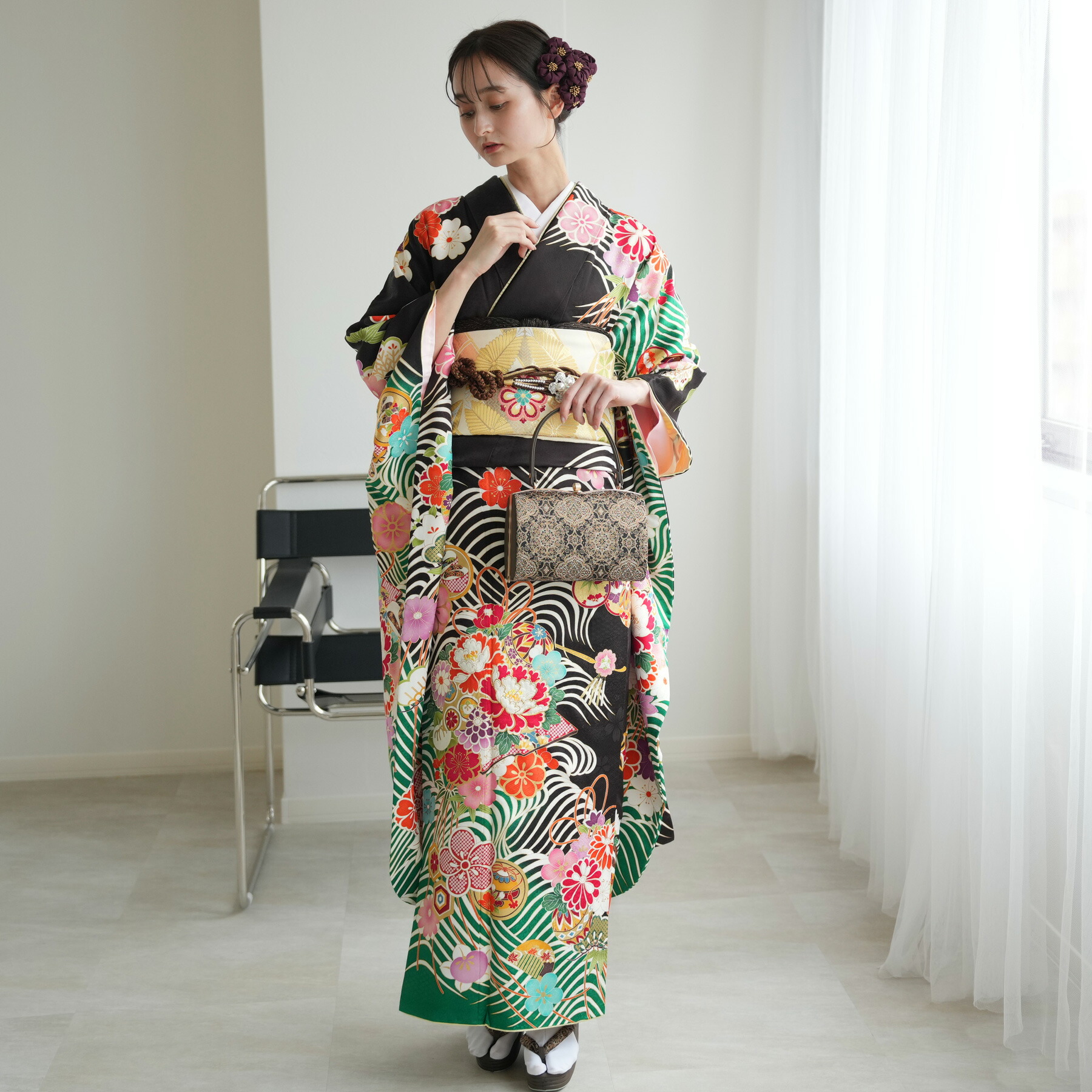 ☆大正浪漫アンティーク☆レトロポップな着物と黄緑作り帯☆七五三ハーフ成人式 ☆大正浪漫アンティーク☆レトロポップな着物と黄緑作り帯☆七五三