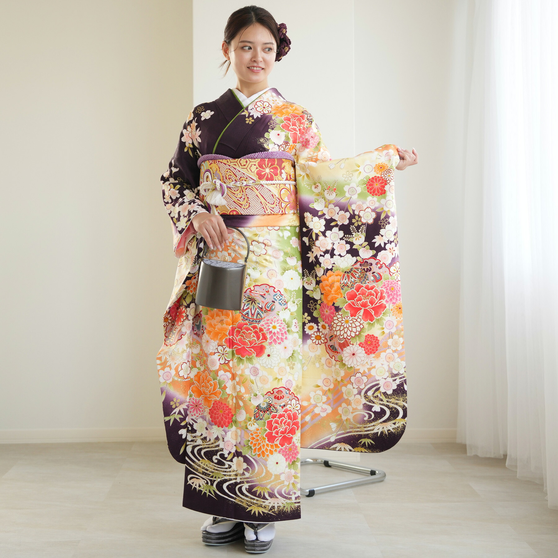 【レンタル】振袖 成人式【往復送料無料】女性 振袖セット 着物 女 成人式振袖セット 結婚式 振袖＆袋帯 フルセットレンタル 安い レトロ 大正浪漫 【振袖20点セット 正絹 アンティーク 絵羽 紫 白】新品足袋プレゼント｜ニコアンティーク