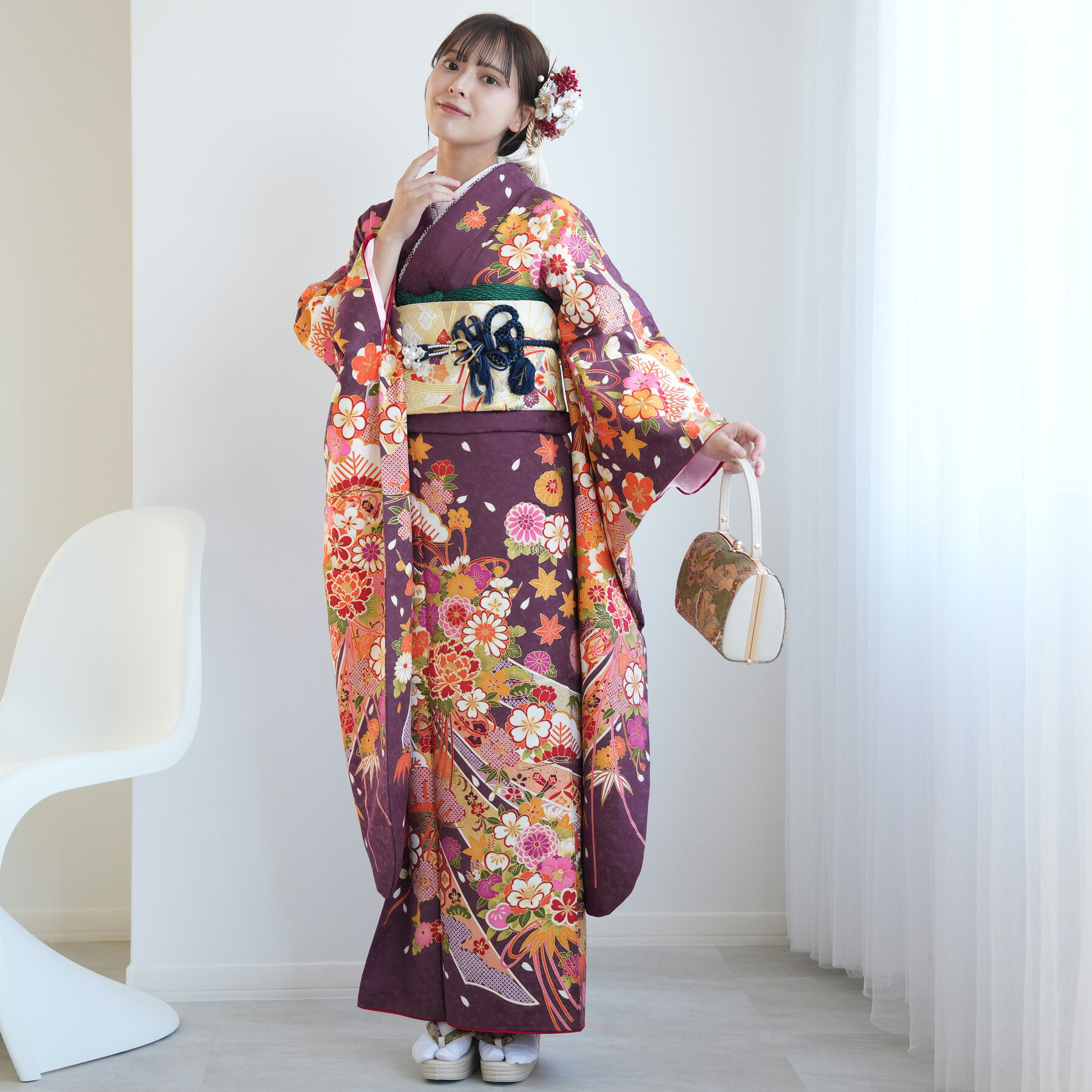 【レンタル】振袖 成人式【往復送料無料】女性 振袖セット 着物 女 成人式振袖セット 結婚式 振袖＆袋帯 フルセットレンタル 安い レトロ 大正浪漫 【振袖20点セット 正絹 アンティーク 絵羽 紫】新品足袋プレゼント｜ニコアンティーク