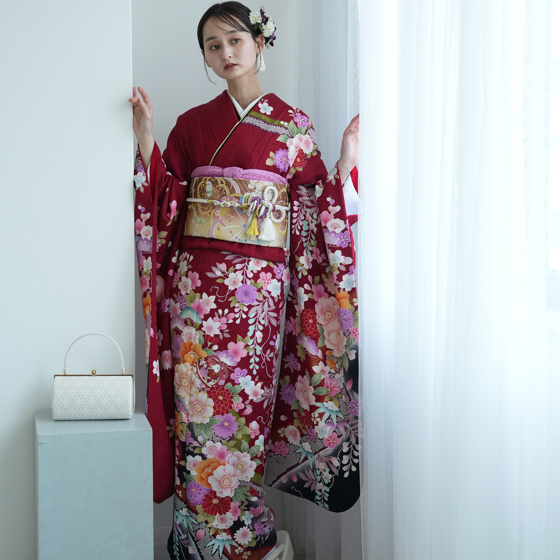 【レンタル】レンタル 振袖 セット 大人 女 レディース 振袖セット 成人式 結婚式 卒業式 着物レンタル rental 往復送料無料【ニコアンティーク 正絹 レトロ赤の古典華吹雪絵羽】 振袖 着物 袋帯 フルセット レンタル 足袋プレゼント