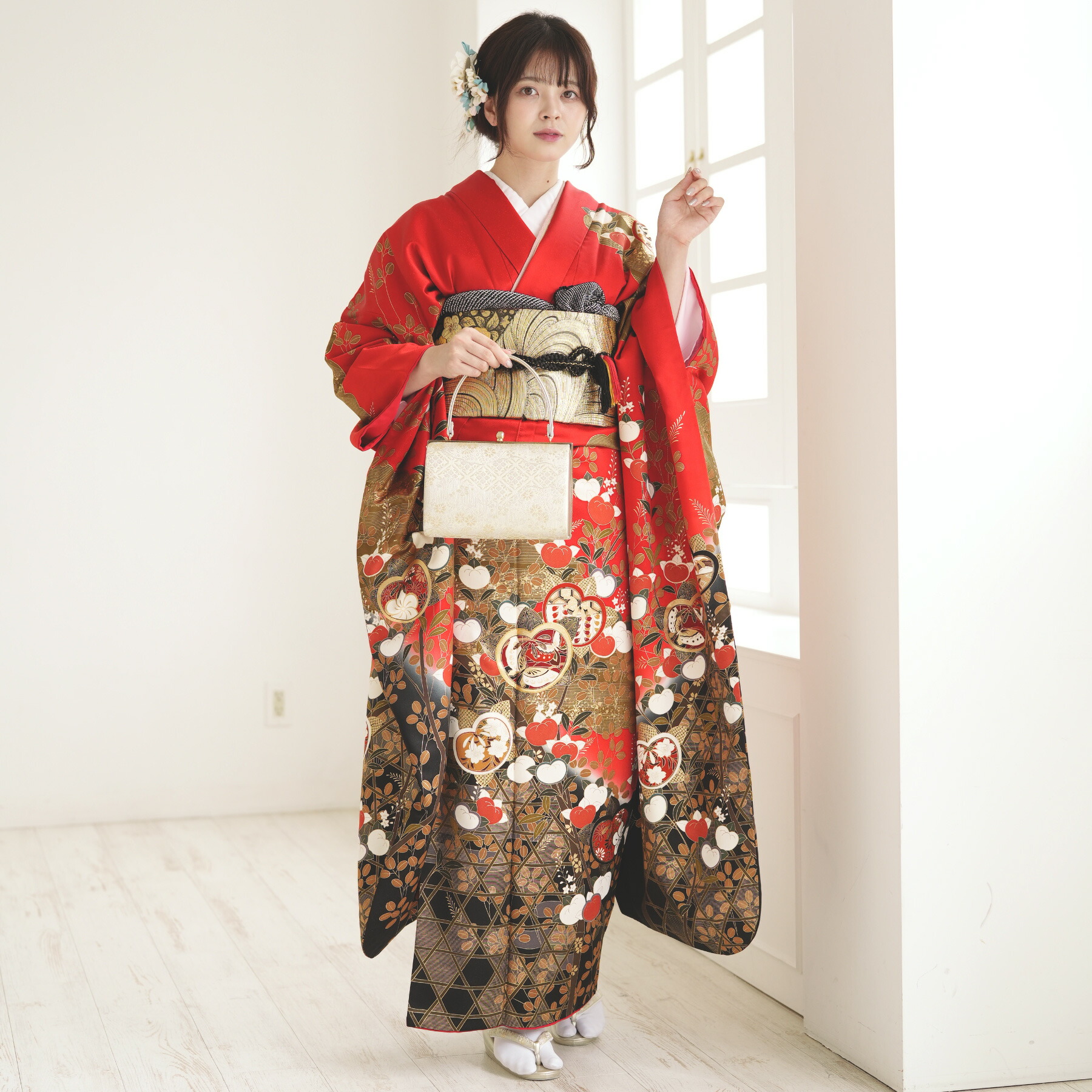 振袖&袋帯セット 銀通し 刺繍 金彩 2点セット 振袖 袋帯 花柄 トールサイズ 正絹
