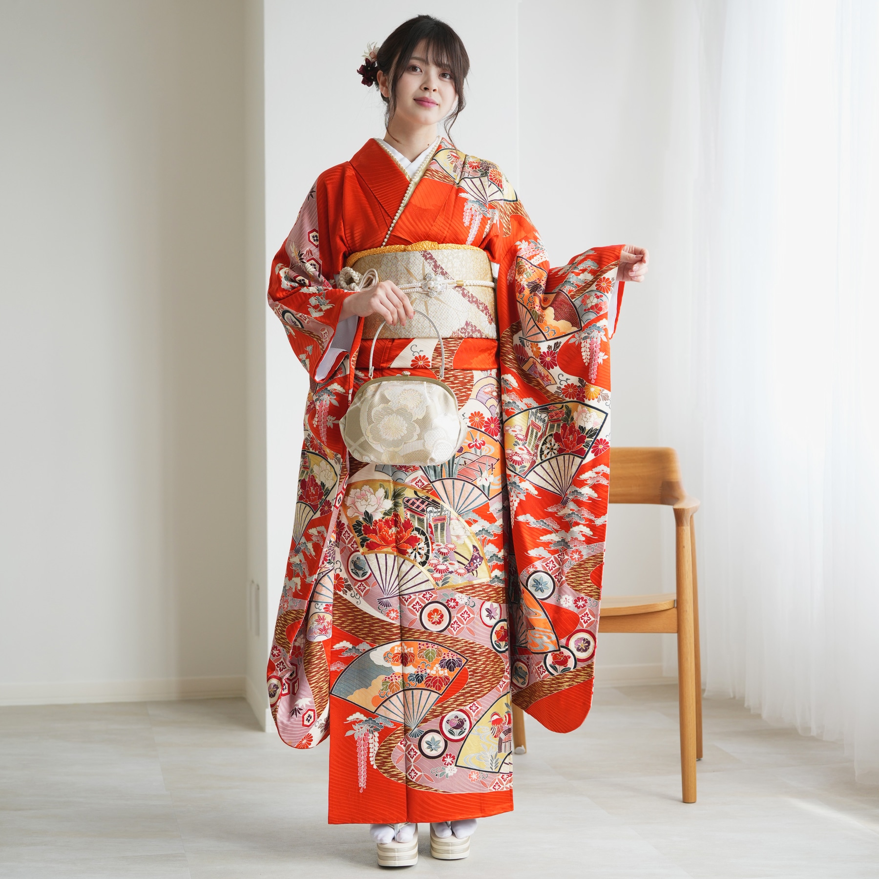 501aj66◎振袖＆袋帯 京都きもの友禅 成人式 結婚式 十三参り◎美品 京都きもの友禅の振袖 /赤色/古典/菊柄/ No.2353 正絹 京友禅