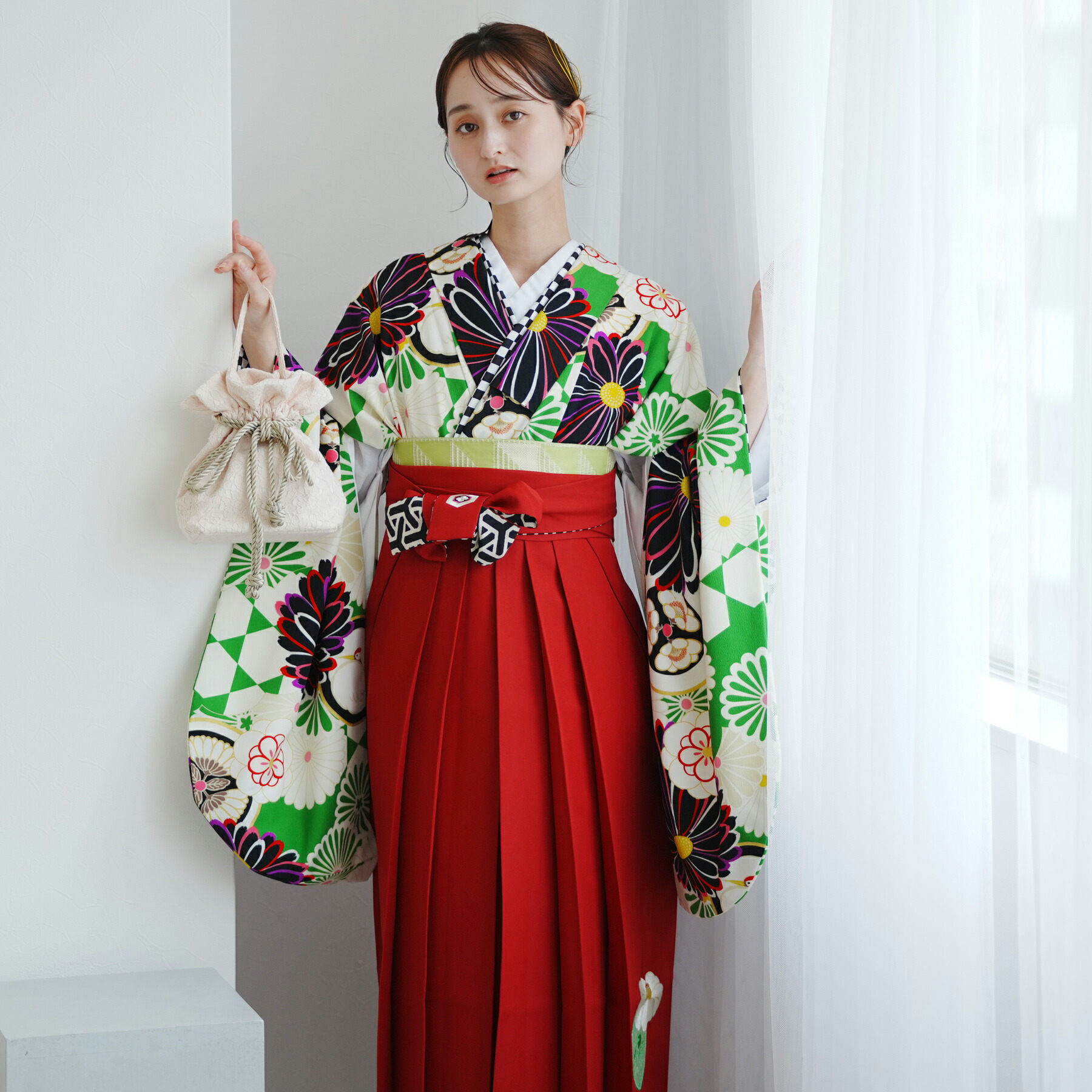 【レンタル】袴　セット　大人　女　レディース　袴セット　卒業式　着物レンタル　 往復送料無料　【JAPANSTYLE×中村里沙　レンタル グリーンにモダン菊と鶴】 2尺袖　着物　袴　フルセット　足袋プレゼント　17点フルセット