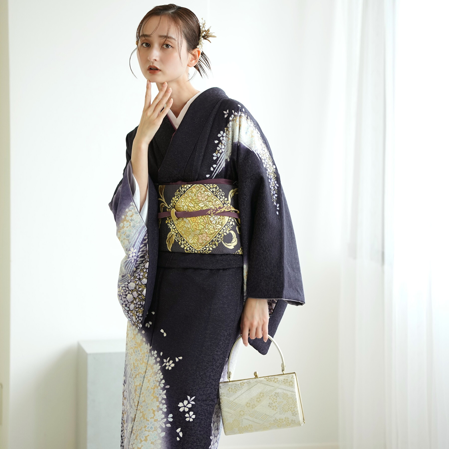 【レンタル】【訪問着20点フルセット 正絹 絵羽 濃鼠地に桜流し】結婚式 参列 ゲスト 卒業式 お茶会 食事会 訪問着 入学式 フォーマル お宮参り 七五三 観劇 園遊会 祝賀会 母親 着物＆袋帯 往復送料無料