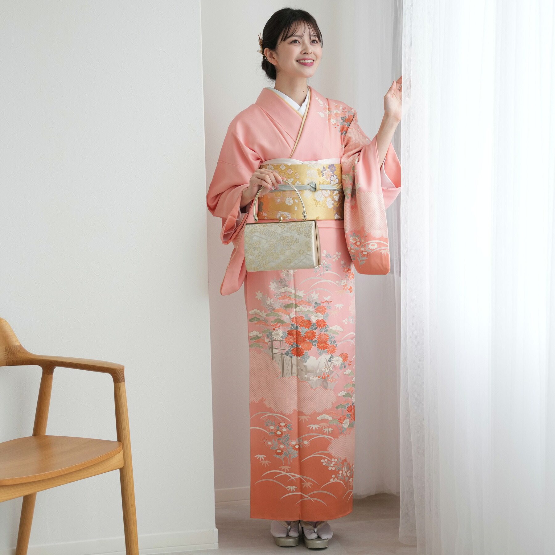 【レンタル】【訪問着20点フルセット 正絹 絵羽 鴇色地に四季花庭園】結婚式 参列 ゲスト 卒業式 お茶会 食事会 入学式 お仕立て上がり フォーマル お宮参り 七五三 観劇 祝賀会 女性 着物 母親 着物＆袋帯 往復送料無料
