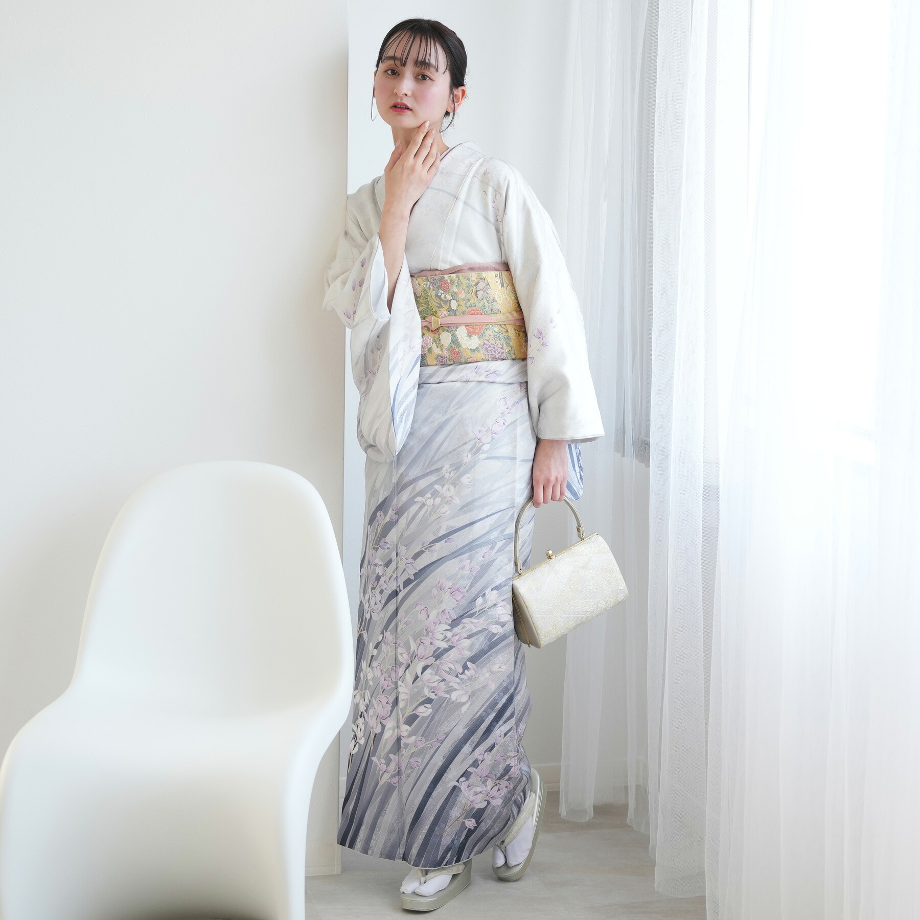 【レンタル】【訪問着20点フルセット 正絹 絵羽 グレー地に洋花】結婚式 参列 ゲスト 卒業式 お茶会 食事会 訪問着 入学式 フォーマル お宮参り 七五三 観劇 園遊会 祝賀会 女性 着物＆袋帯 往復送料無料