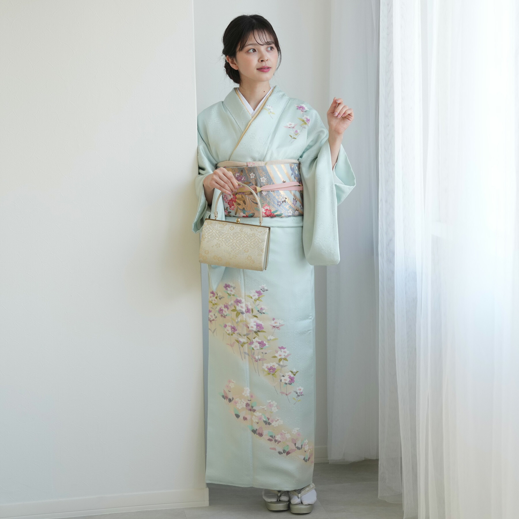 ※4月末～5月上旬・6月下旬以降予約可【レンタル】【往復送料無料 訪問着 20点セット フルセット 薄浅葱地に桔梗と芝桜】女性 フリーサイズ（身長153-168cm） 水色系 花 フォーマル 桔梗 入学式 卒業式 紫 白 お宮参り 食事会 七五三 パーティー 結婚式 二次会