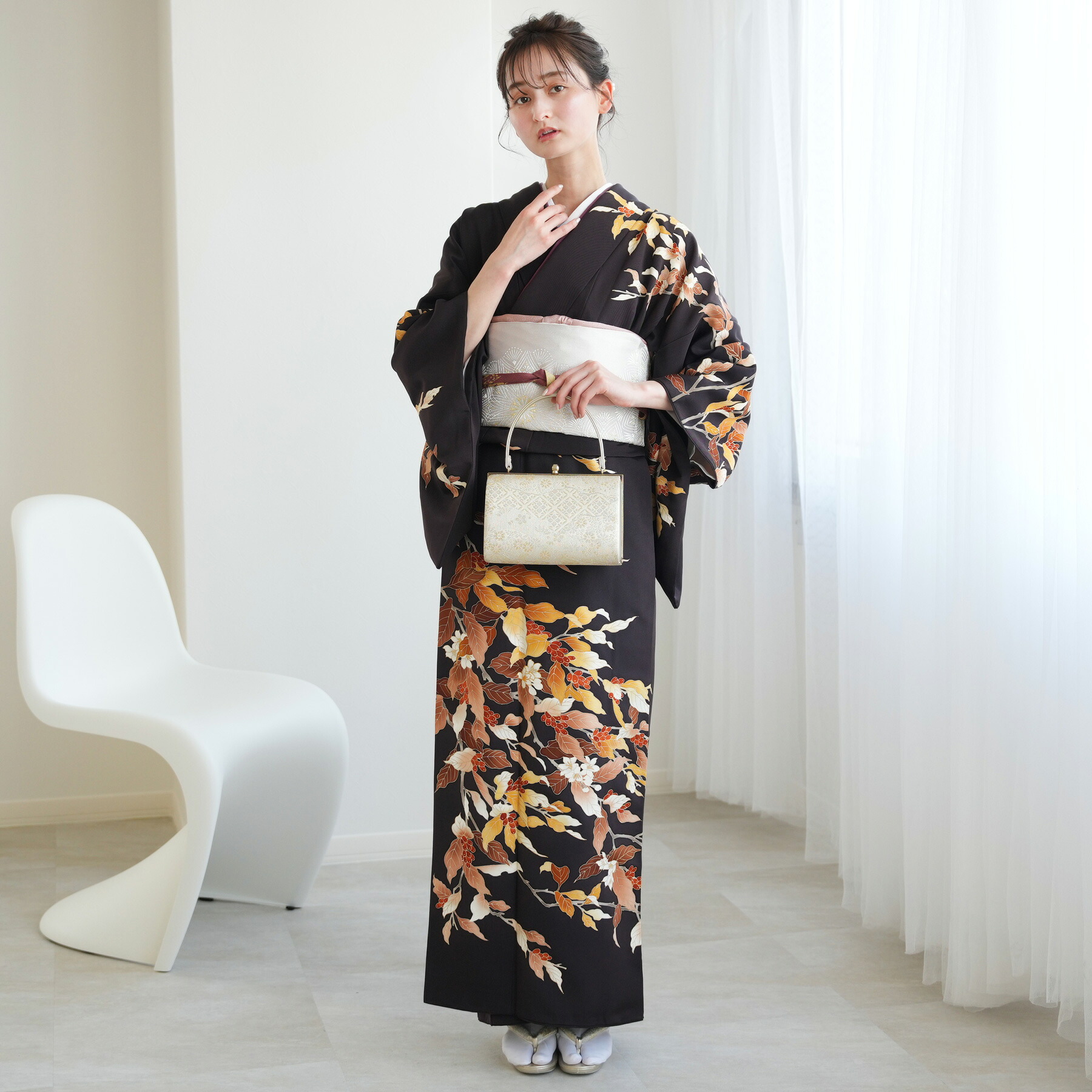 【レンタル　訪問着20点フルセット 黒地にハナミズキ】結婚式 参列 ゲスト 卒業式 お茶会 食事会 入学式 フォーマル お宮参り 七五三 観劇 園遊会 祝賀会 女性 着物 母親 着物＆袋帯 濃茶系 西陣織帯 枝 花 実 葉
