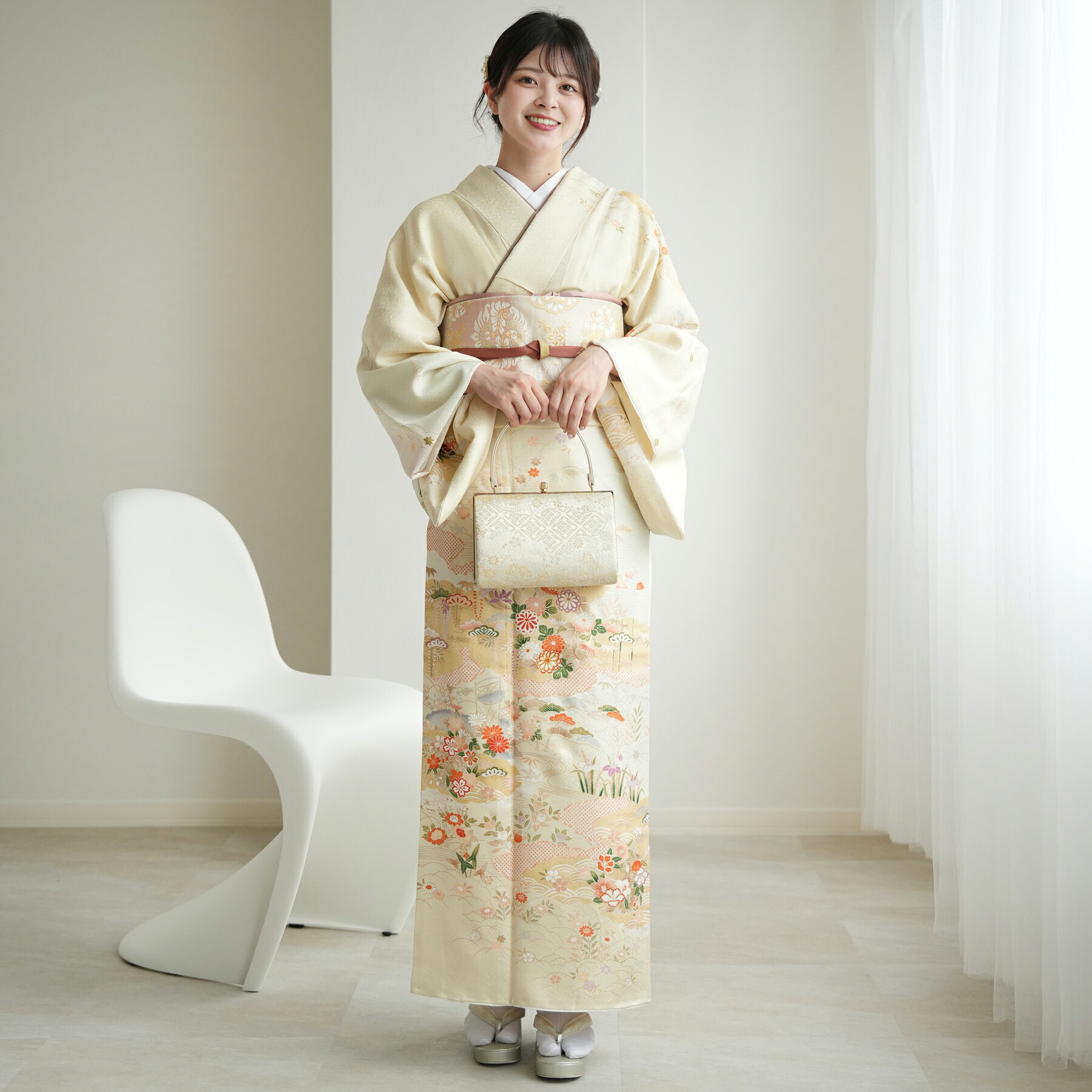 【レンタル 訪問着20点フルセット 蒸栗色と薄色ぼかしに古都の四季花】結婚式 参列 卒業式 お茶会 食事会 入学式 フォーマル お宮参り 七五三 女性 着物 母親 着物＆袋帯 クリーム系 薄ラベンダー グラデーション 西陣織帯 金彩 絞り柄 桜 菊 松 花