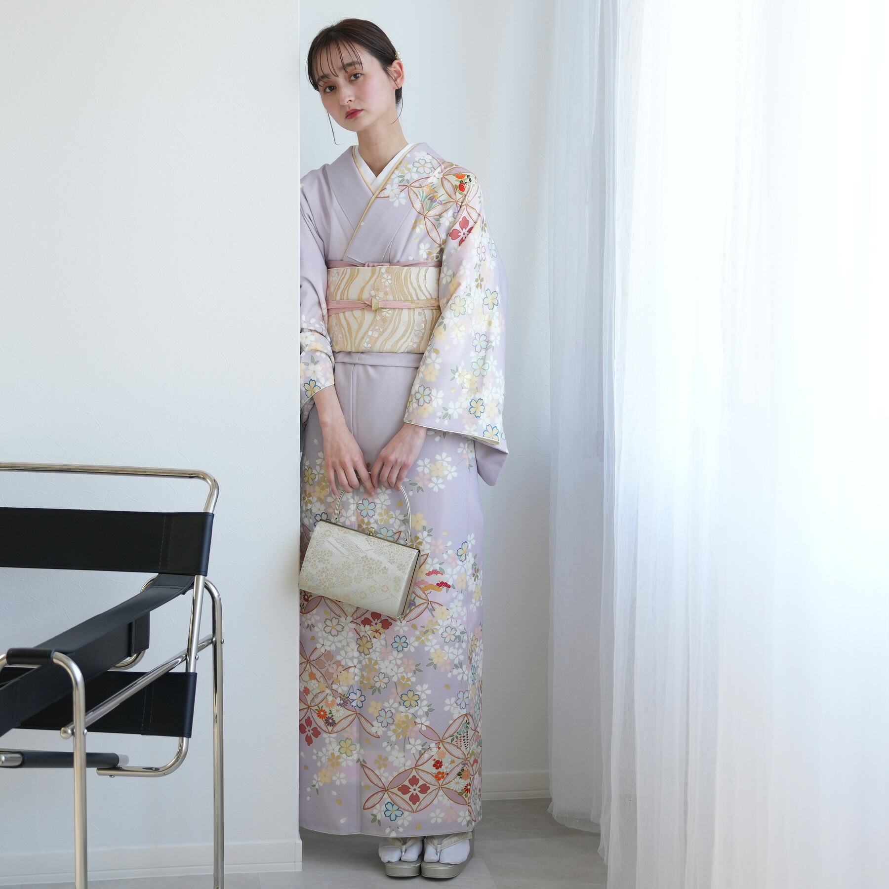 【レンタル】【訪問着 20点フルセット JAPAN STYLE 淡藤色に桜宴】 フリー（身長153-168cm） 訪問着 日本製 花柄 紫系 ラベンダー ピンク 桜 七宝 絵羽 袋帯 フォーマル お宮参り 卒業式 園遊会 七五三 結婚式 祝賀会 往復送料無料