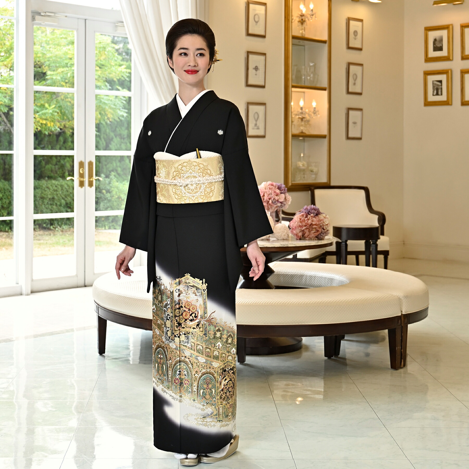 【レンタル】黒留袖レンタル フルセット 桂由美 ブランド 高級 正絹 結婚式着物 留袖 着物 黒留袖　黒留袖レンタル KOTOHOGI ことほぎ 金彩友禅 母親 親族 第一礼装 　フォトウェディング 着物レンタル レンタル着物 黒留め袖 貸衣装 レンタル衣装 菊