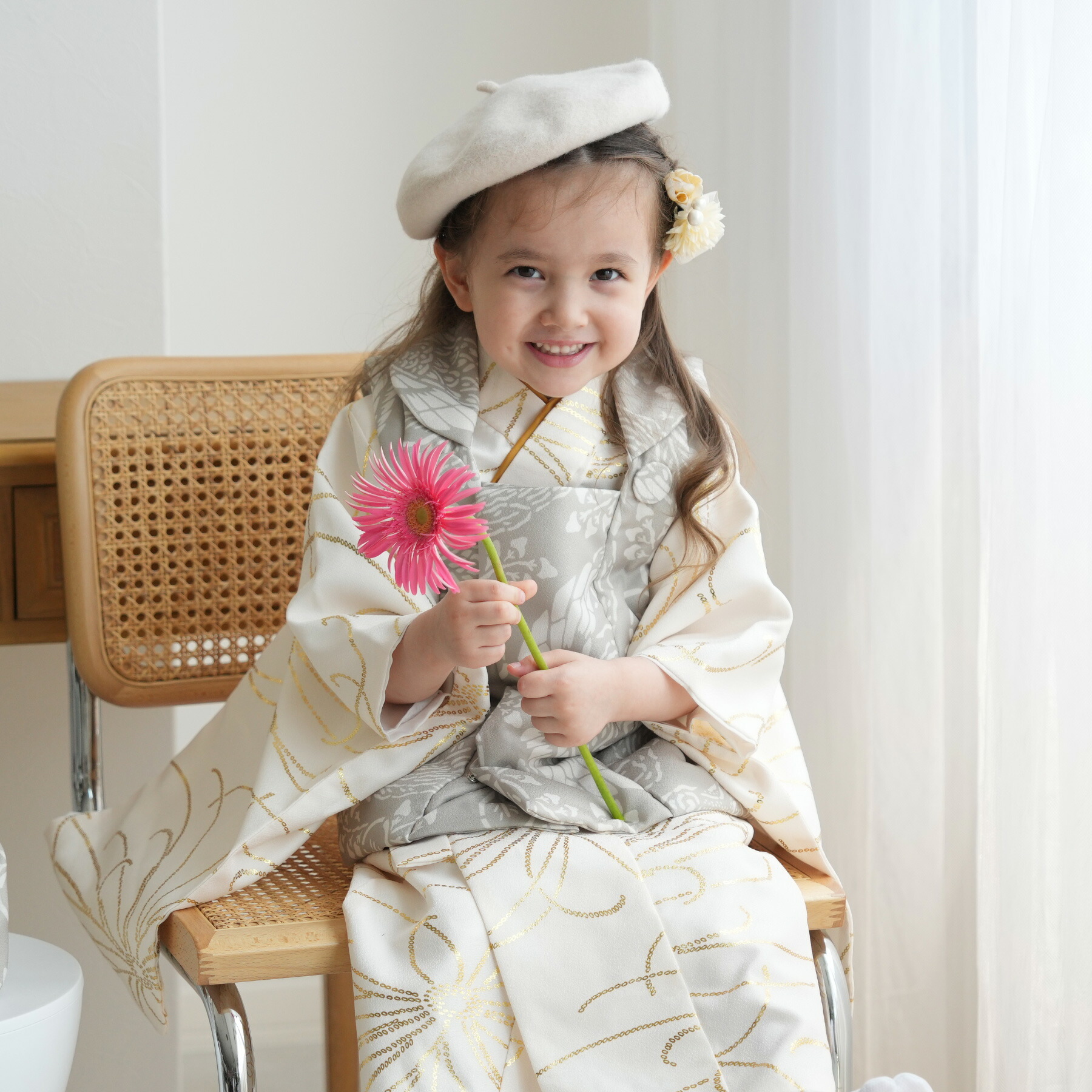 七五三　３歳　アンティークお着物セット　ベレー帽付き レンタル 七五三 3歳 女の子 ひよこ商店 kids ベレー帽つき被布