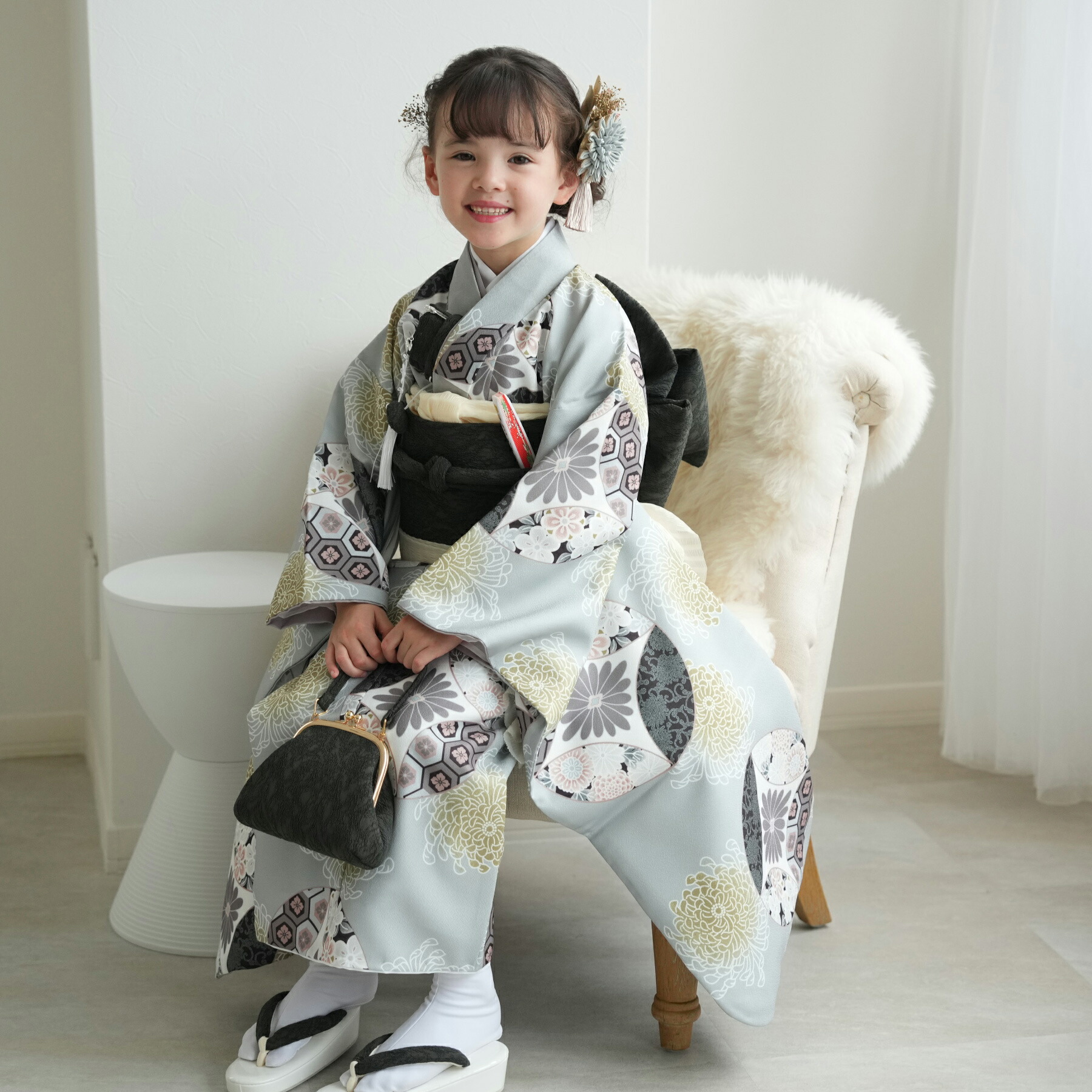 ひよこ商店　七五三　３歳　着物　7点セット 七五三 着物 7歳 フルセット 購入 ひよこ商店 女の子 四つ身 白茶鳳凰