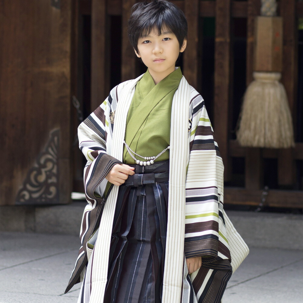 【レンタル】 袴 セット 子供 男 ハイジュニア 袴セット 卒業式 着物レンタル ハカマ はかま rental 往復送料無料【ニコアンティーク　10点セット 男の子　紋付羽織　袴セット モダン・ホワイトのストライプ】着物 袴 小学生 キッズ ジュニア 古典 抹茶 白 紋｜ニコアンティーク