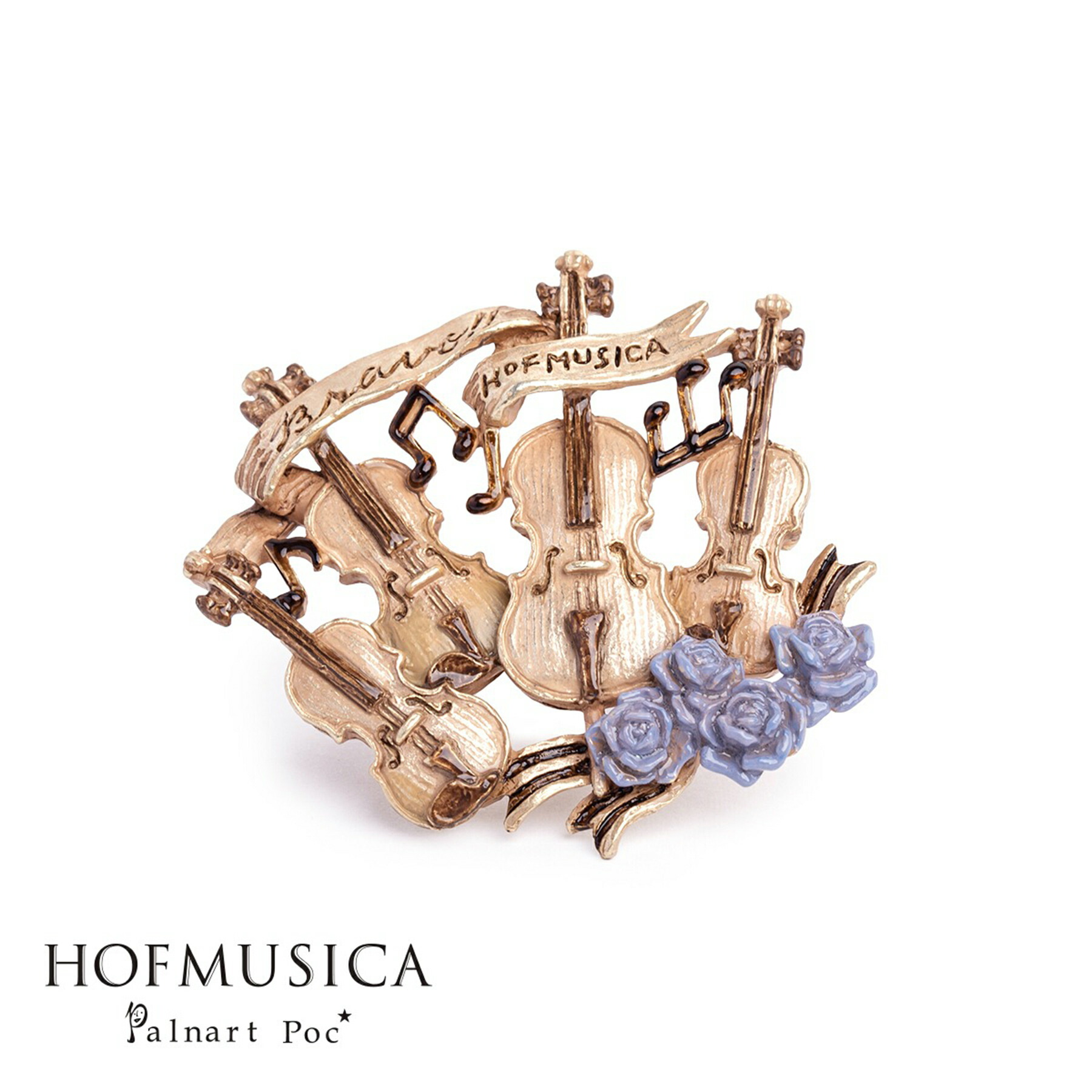 【HOFMUSICA ブローチ カルテット】ホーフムジカ 日本製 国産 ハンドメイド ギフト プレゼント 弦楽四重奏 ヴァイオリン ヴィオラ チェロ バイオリン 楽器モチーフ 花 バラ 薔薇 ブルーローズ ゴールド アクセサリー メール便可能
