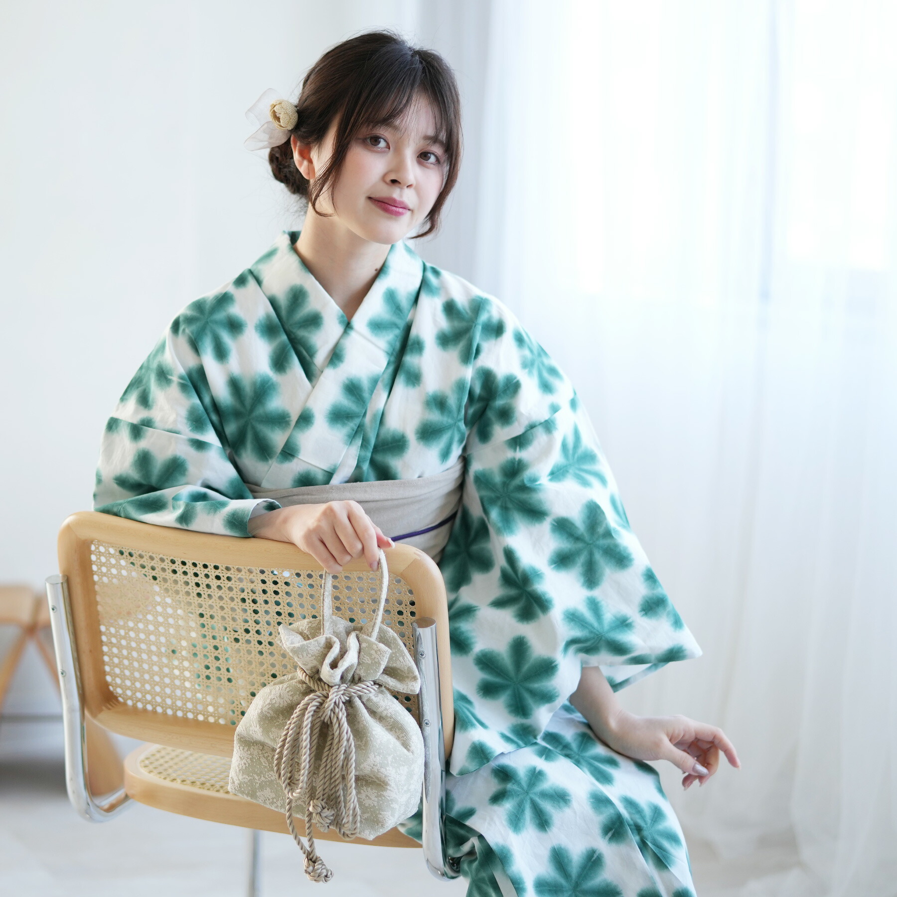 浴衣 セット レディース 3点セット utatane フリーサイズ（身長155-165cm） 浴衣 セット 有松絞り レディース 雪花 浴衣セット ゆかた オフ白系 緑 グリーン ワントーン お仕立て上がり 手縫い併用 着心地やわらか 伝統工芸 絞り 高級 一生もの 大人 夏着物