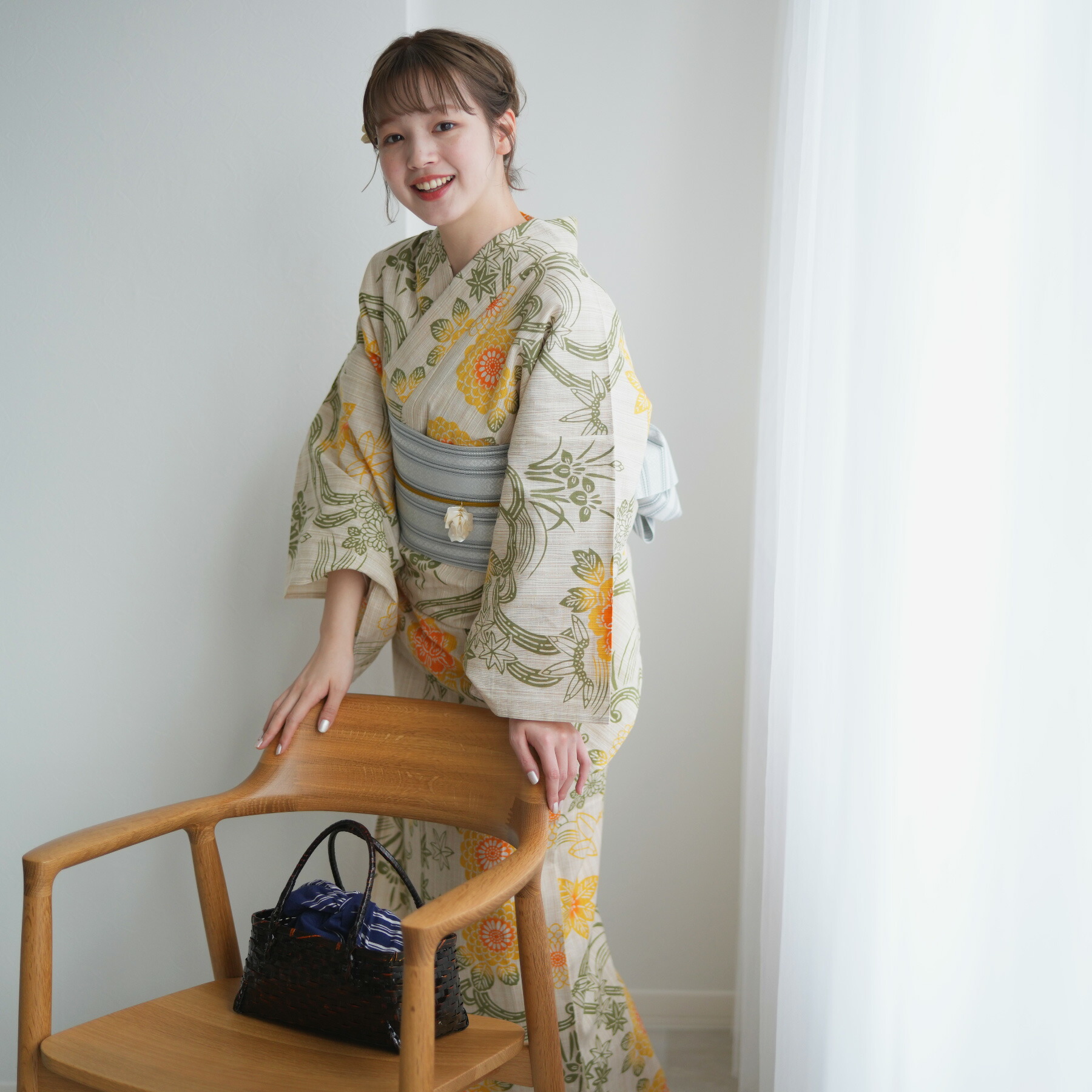 楽天市場】【綿絽 高級変わり織 浴衣3点セット 胡桃と山吹茶色の