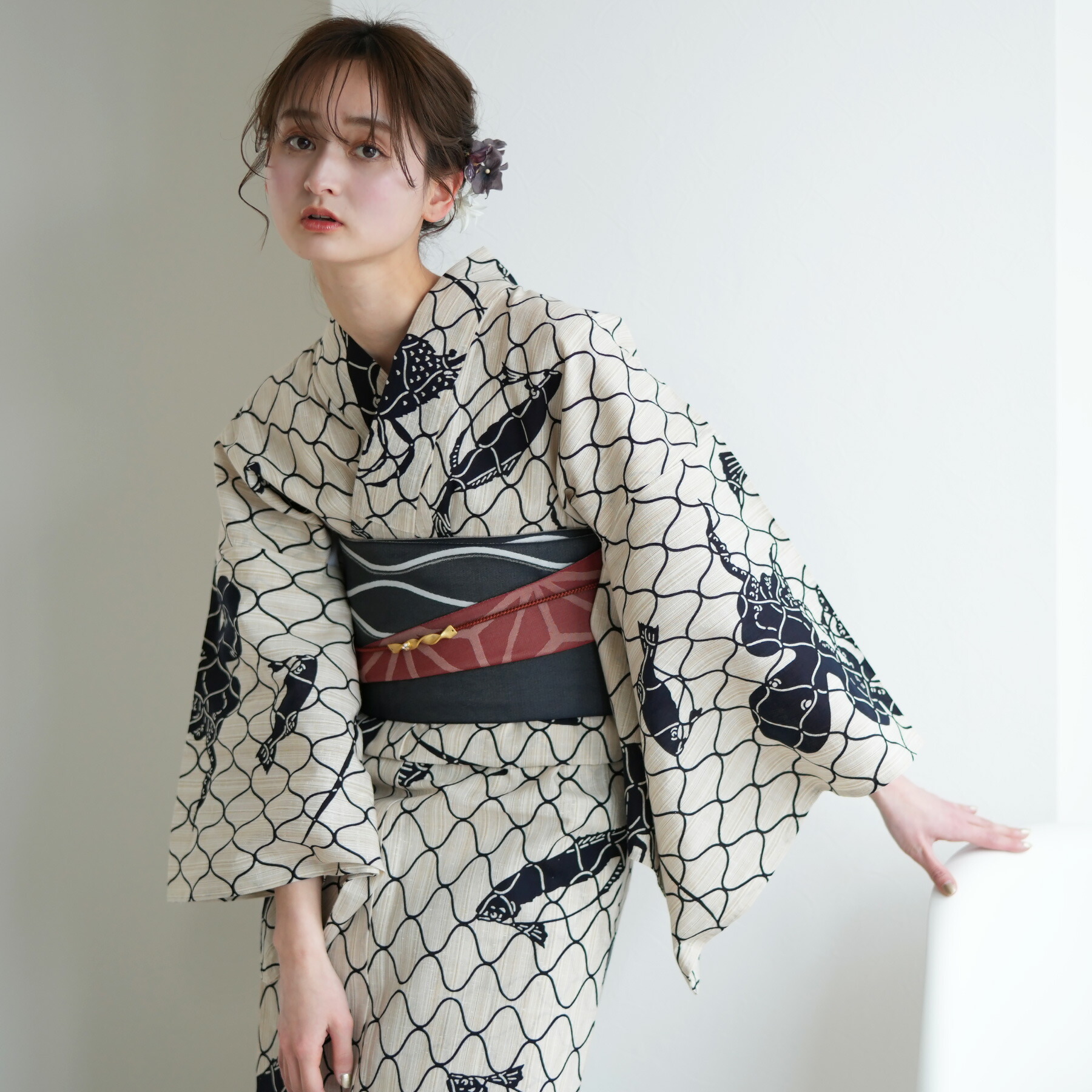 手染め注染浴衣3点セット utatane×注染工房 白地に紺の麻の葉と