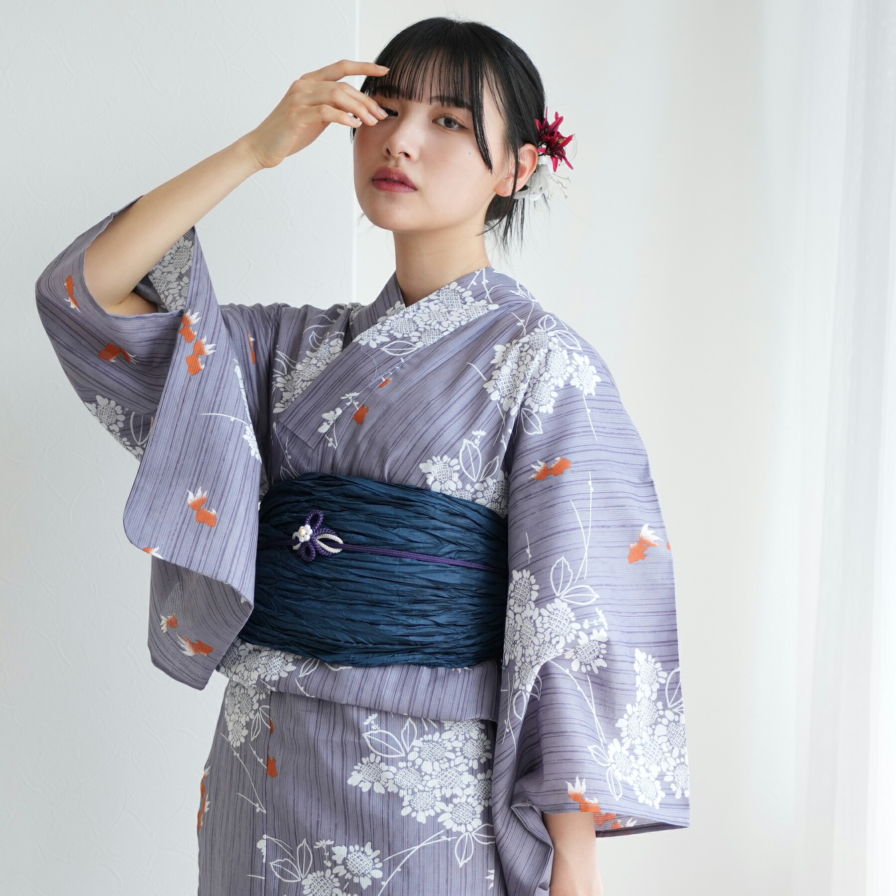 【ニコアンティーク 高級変わり織 浴衣3点セット かすれ藤色に向日葵と金魚】みんなと違う浴衣を着よう！個性派きものブランドNicoAntique フリーサイズ 浴衣セット（ゆかた・帯・下駄）ですぐお出かけ レトロ 国産生地 国内染色