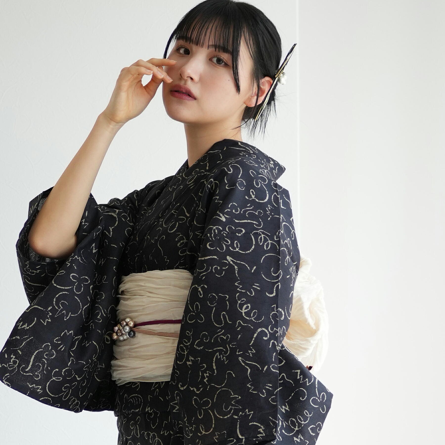 ニコアンティーク 高級変わり織 浴衣帯セット大正浪漫ブラック縞と牡丹の染分け 5010239011_1_8f937b1d-80cc-