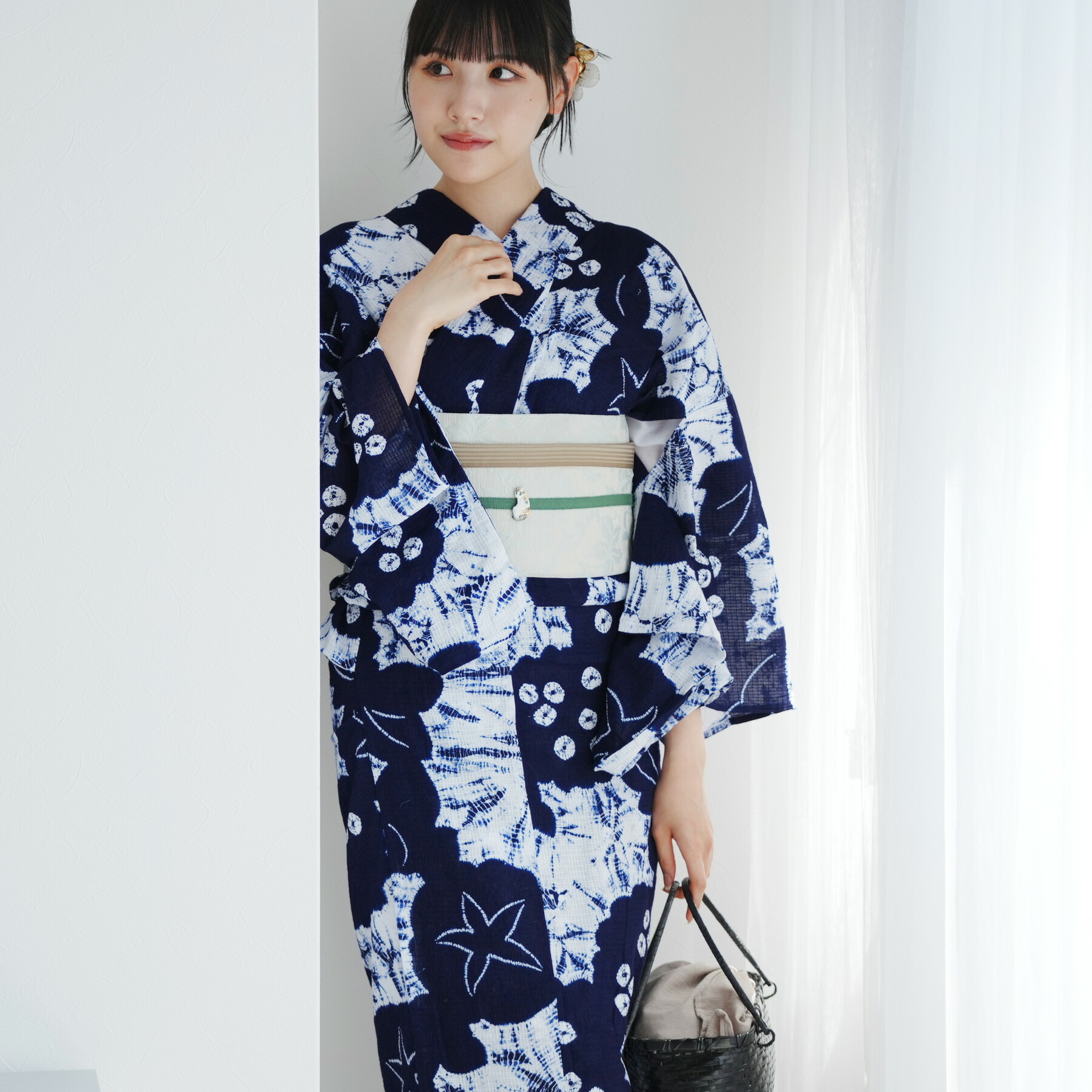 【utatane 京鹿の子絞り/有松染め 浴衣3点セット 伝統工芸士・清江和雄 　あじさい・朝顔】極み 伝統工芸 日本製 国産 国内縫製 手縫い併用 希少 フリーサイズ 浴衣セット（ゆかた・帯・下駄） 一度袖を通すと忘れらないガーゼのような至極の肌当たり