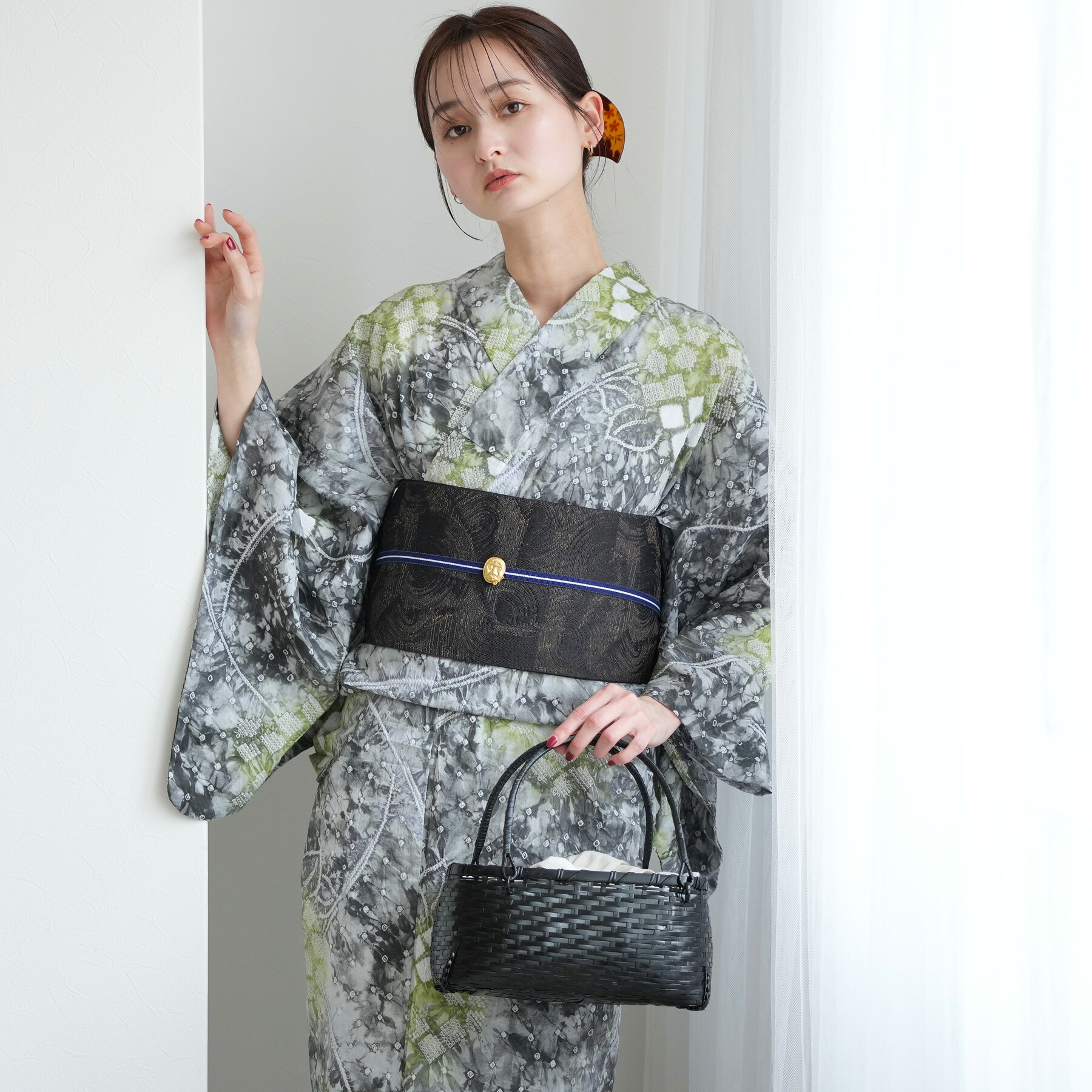 【utatane　有松絞り 浴衣3点セット｜若葉の影（フリーサイズ）】伝統工芸｜本染め｜コットン100％｜浴衣・帯・下駄付き