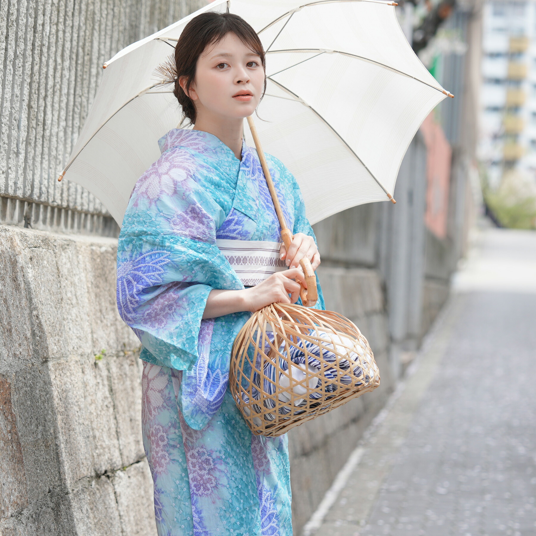 【10%OFF】【utatane 浴衣 3点セット レディース 特選 有松絞り|藤風(フリーサイズ)】伝統工芸|本染め|綿100%|浴衣・帯・下駄付き|ニコアンティーク
