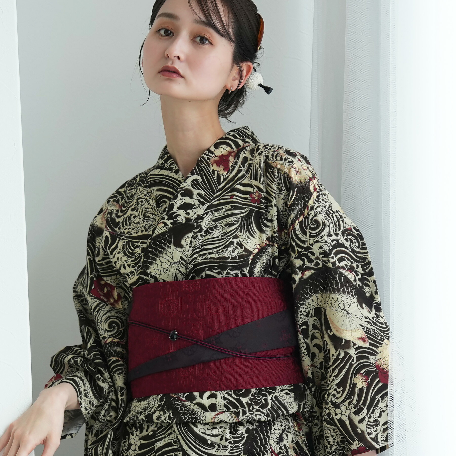 【誉田屋源兵衛 浴衣 3点セット レディース 特選｜登竜門　金茶G（フリーサイズ）】日本製小幅生地使用｜綿75％麻25％｜浴衣・帯・下駄付き｜ニコアンティーク