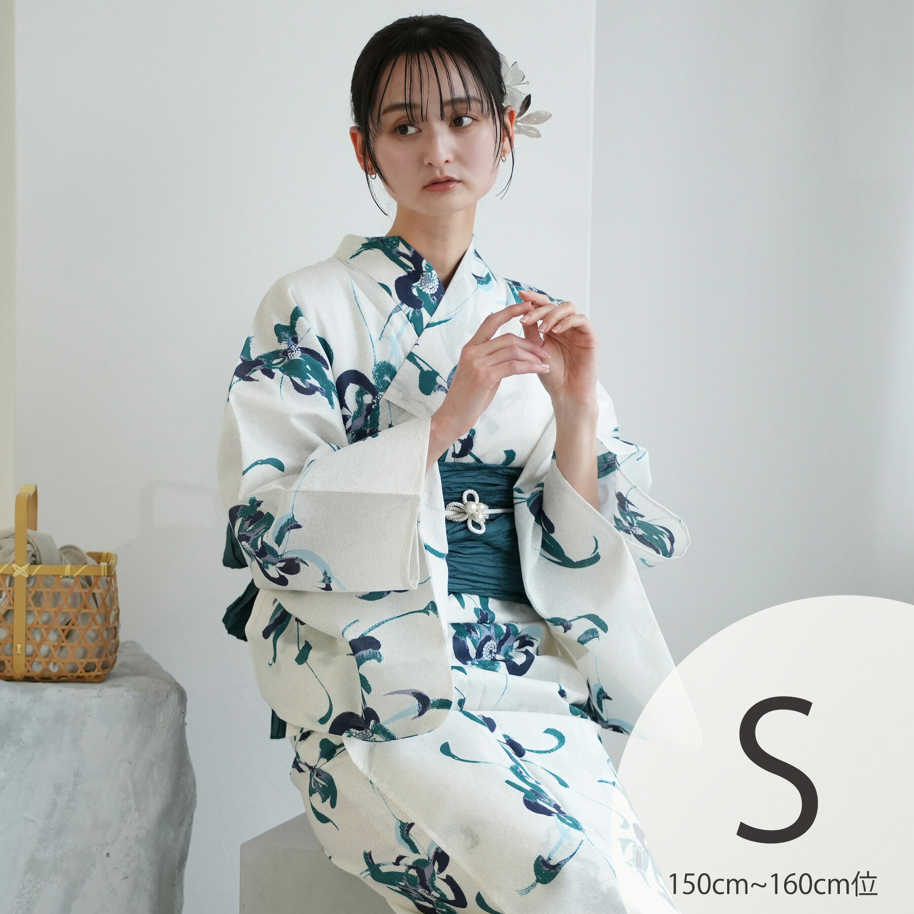 【utatane 高級変わり織 浴衣3点セット 紺とピーコックの乱菊】ここでしか買えない昭和初期アンティーク復刻版 プチサイズ（150-160cm）Sサイズ 浴衣セット（ゆかた・帯・下駄）うたたね 上質 国産生地 国内染色 低身長コーデ